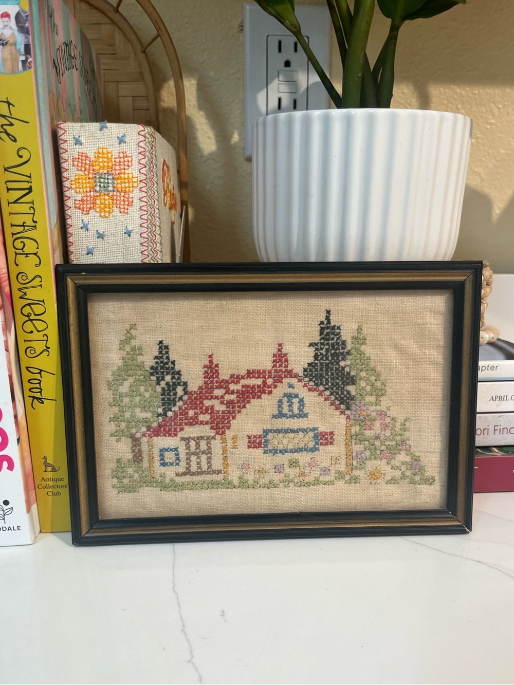 Framed Vintage Freestyle Cross-Stitch Cottage Wall Art